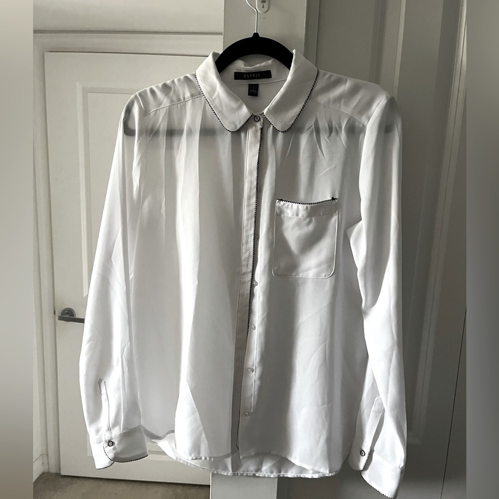 ⭐️2/40 | Esprit | Semi-Sheer White Button Down Blouse with Black Trim | Small